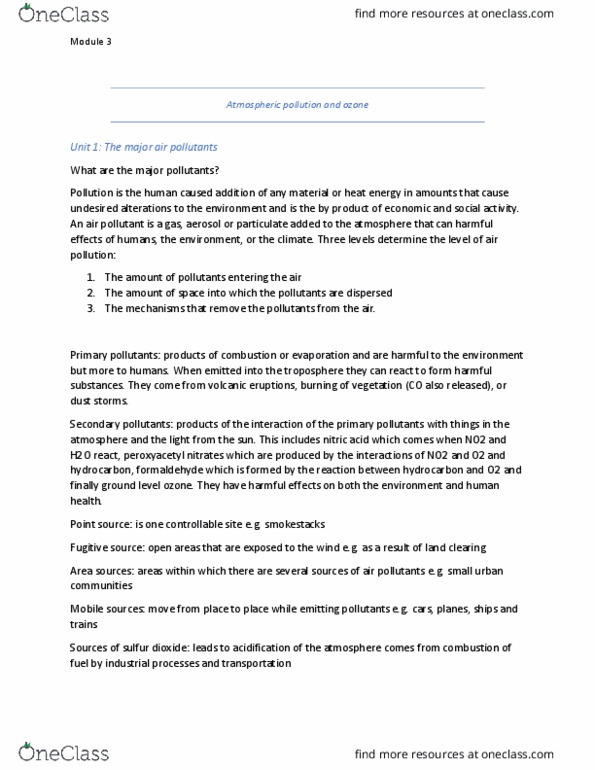 ENVIRSC 1C03 Lecture Notes - Lecture 3: Sulfur Dioxide, Benzene, Volatile Organic Compound thumbnail