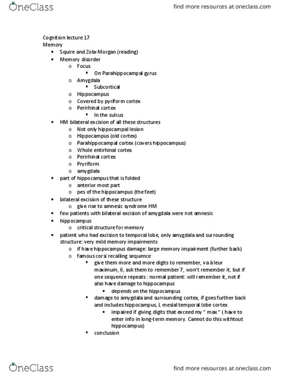 PSYC 311 Lecture Notes - Lecture 17: Striatum, Perirhinal Cortex, Rhinal Cortex thumbnail