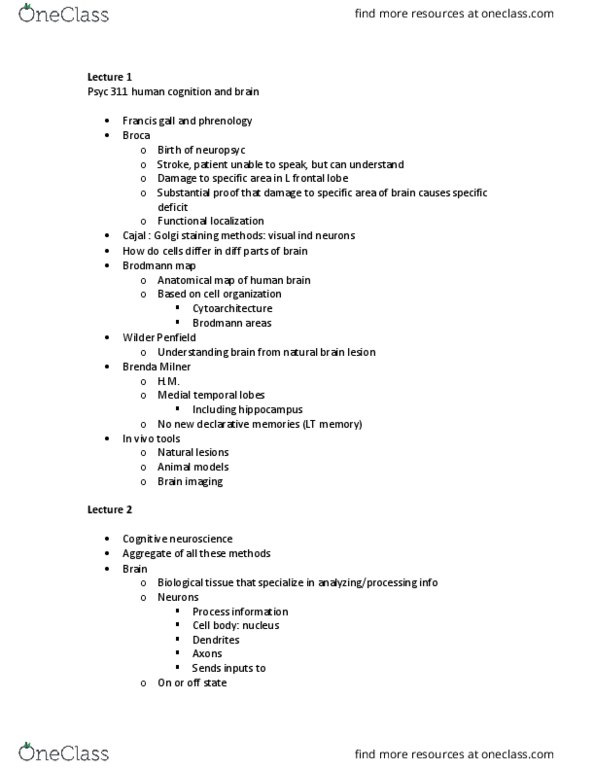 PSYC 311 Lecture Notes - Lecture 1: Brodmann Area 40, Paraphasia, Inferior Parietal Lobule thumbnail