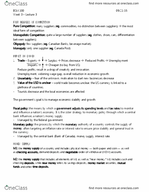 BSM 100 Lecture Notes - Lecture 3: Reserve Requirement, Monetary Policy, Deflation thumbnail