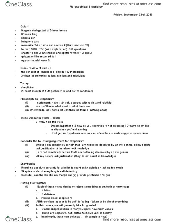 SSH 105 Lecture Notes - Lecture 3: Fallibilism, Lucid Dream thumbnail