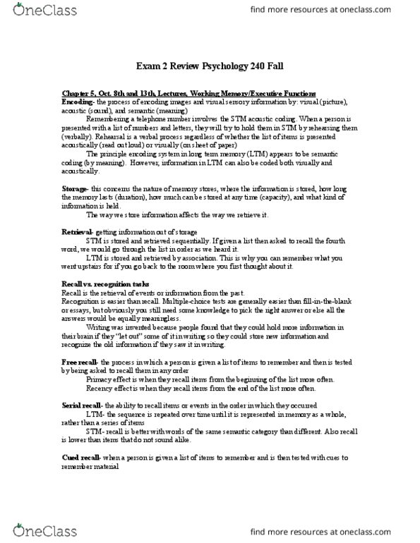 PSYCH 240 Lecture Notes - Lecture 2: Autobiographical Memory, Fault Tolerance, Henry Molaison thumbnail