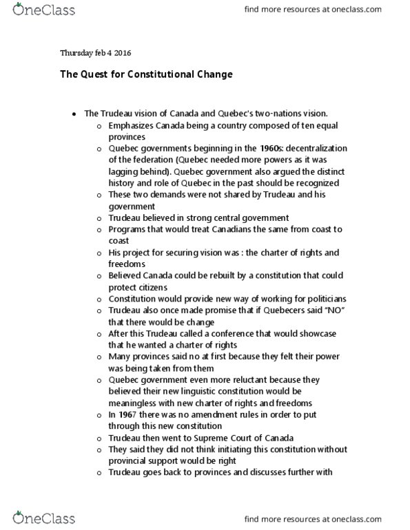 POL 2101 Lecture Notes - Lecture 7: Clarity Act, Charlottetown Accord, Quebec Nationalism thumbnail