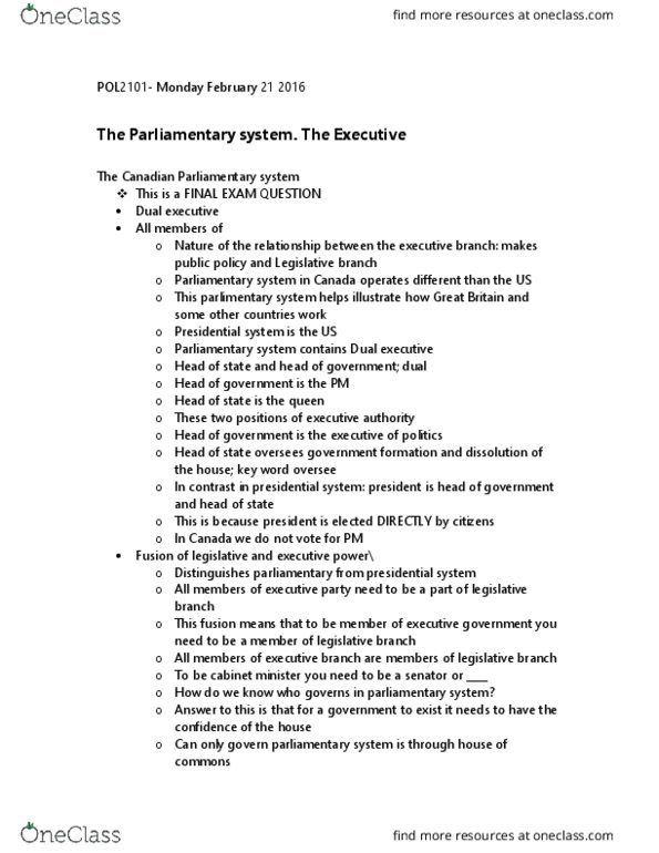 POL 2101 Lecture Notes - Lecture 9: Presidential System, Responsible Government thumbnail