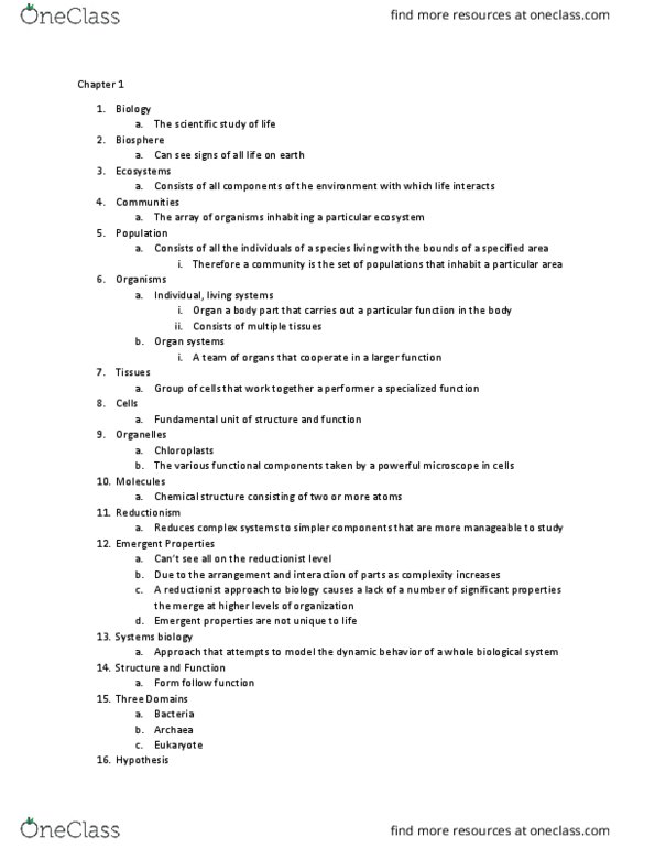 BIL 150 Lecture Notes - Lecture 1: Eukaryote, Archaea, Reductionism thumbnail