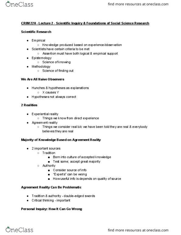 CRIM 220 Lecture Notes - Lecture 2: Statistical Hypothesis Testing, Data Analysis, Operationalization thumbnail