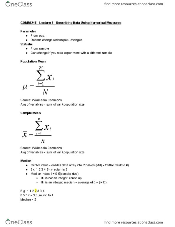 COMM 215 Lecture Notes - Lecture 3: Standard Deviation, Interquartile Range, Quartile thumbnail