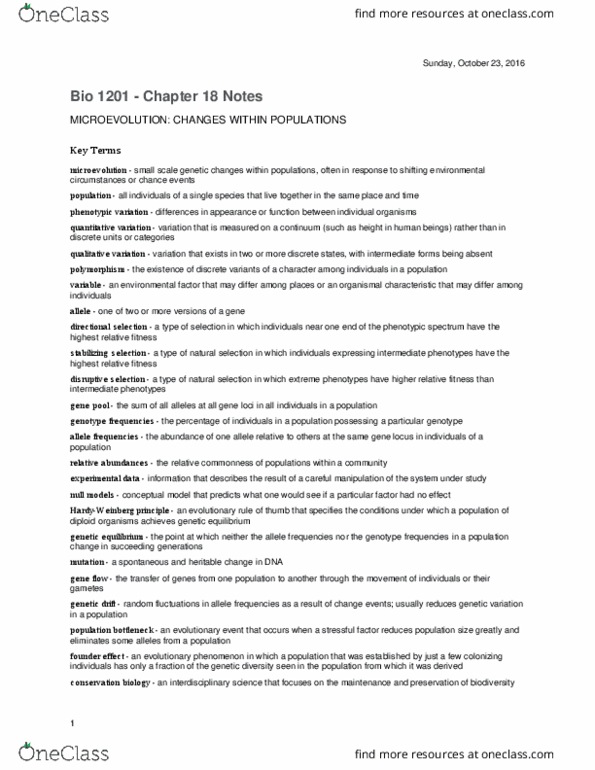 Biology 1201A Chapter Notes - Chapter 18: Meristem, Neutral Mutation, Macroevolution thumbnail