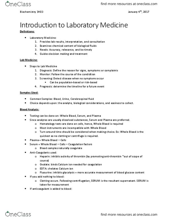 BIOCHEM 3H03 Lecture Notes - Lecture 1: Oxalate, Ethylenediaminetetraacetic Acid, Blood Sugar thumbnail