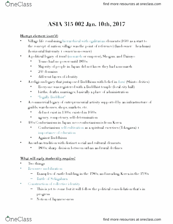 ASIA 315 Lecture Notes - Lecture 3: Ashigaru, Tokugawa Ieyasu, Akechi Mitsuhide thumbnail