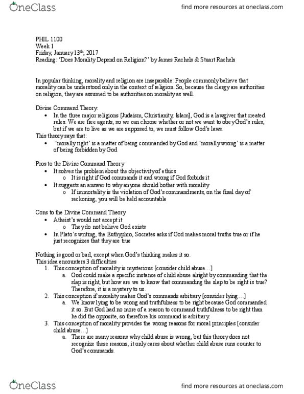 PHIL 1100H Chapter Notes - Chapter 1: Divine Command Theory, Stuart Rachels, James Rachels thumbnail