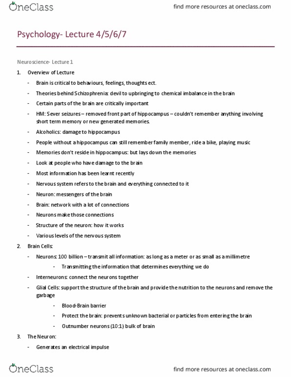 Psychology 1100E Lecture Notes - Lecture 5: Corpus Callosum, Reticular Formation, Lesion thumbnail