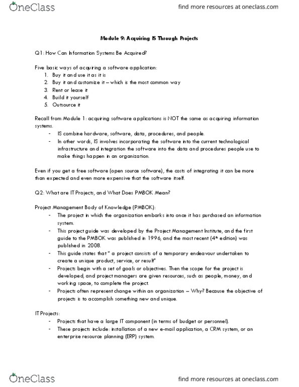 COMM 226 Lecture Notes - Lecture 9: Itil, Systems Development Life Cycle, Enterprise Resource Planning thumbnail