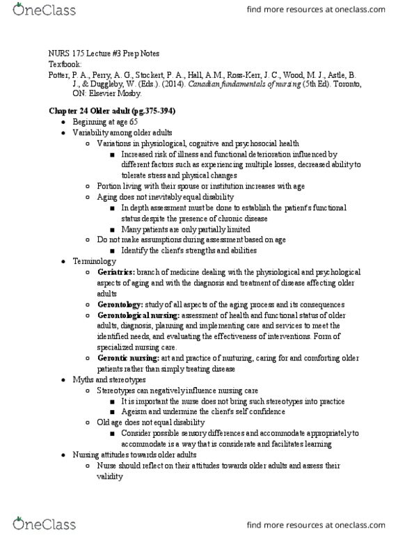 NURS-175 Chapter Notes - Chapter 24: Frontotemporal Dementia, Gerontological Nursing, Vascular Dementia thumbnail