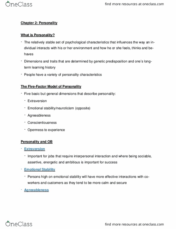 COMMERCE 1BA3 Lecture Notes - Lecture 2: Conscientiousness, Self Esteem (Song), Positive Affectivity thumbnail