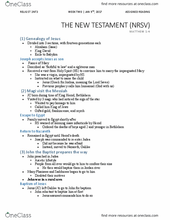 RELIGST 2NT3 Chapter Notes - Chapter 1-4: Decapolis, Capernaum, New Revised Standard Version thumbnail