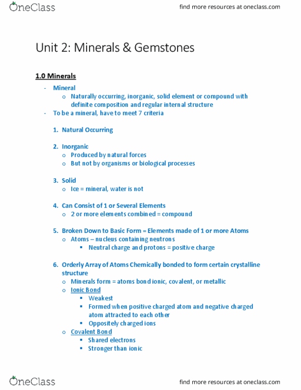 Earth Sciences 1070A/B Lecture Notes - Lecture 2: Carbonate Minerals, Volcanic Glass, Valence Electron thumbnail