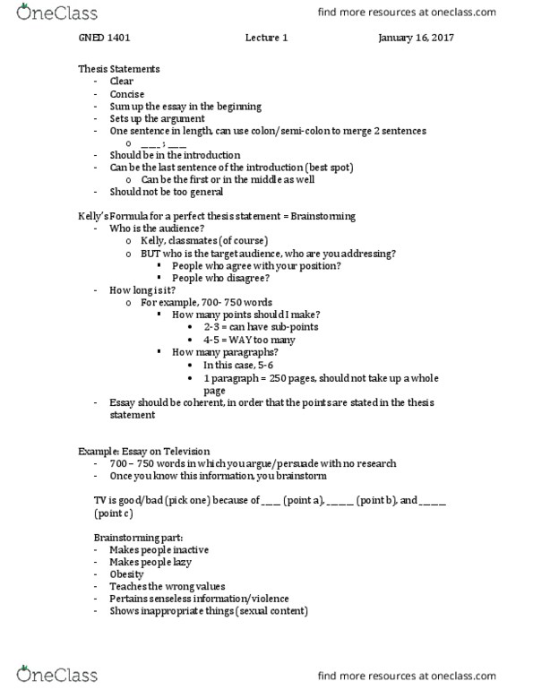 GNED 1401 Lecture Notes - Lecture 1: Thesis Statement, Topic Sentence thumbnail