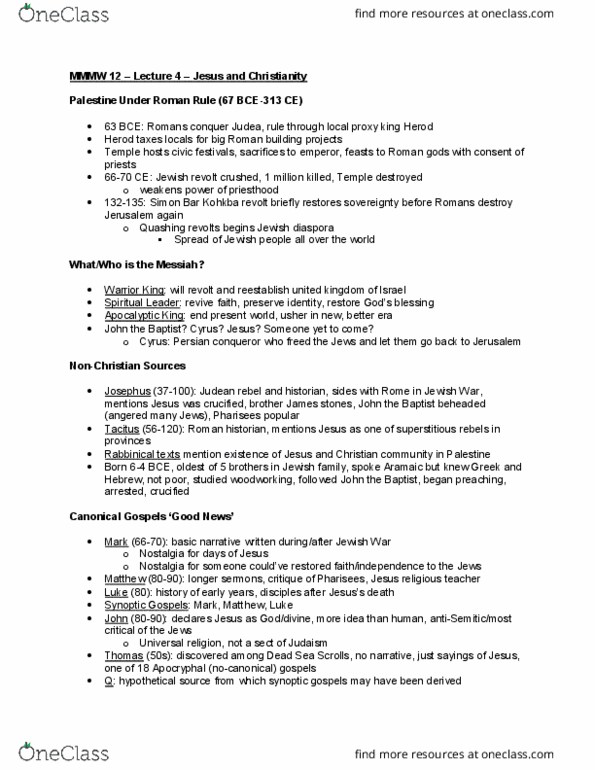 MMW 12 Lecture Notes - Lecture 4: Synoptic Gospels, Gospel, Jewish Diaspora thumbnail