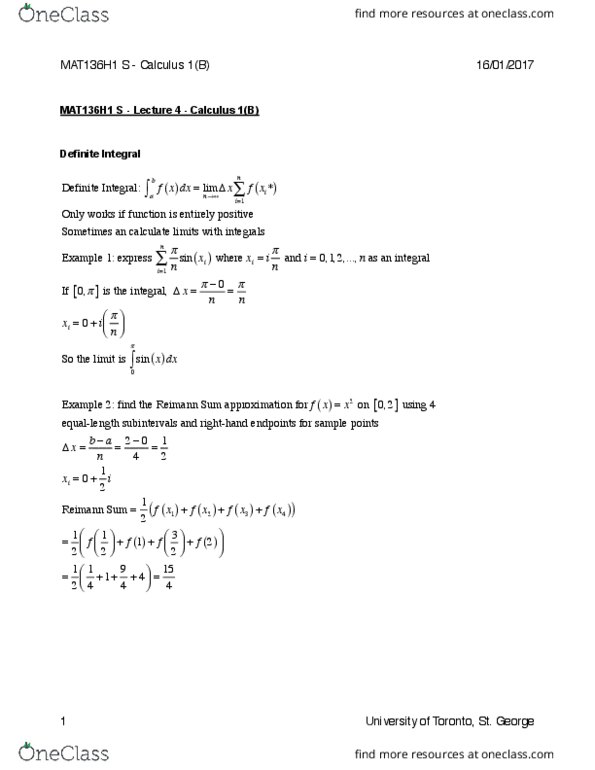 MAT136H1 Lecture Notes - Lecture 4: Riemann Sum thumbnail