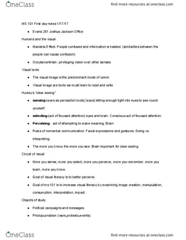 MEDIAST 101 Lecture Notes - Lecture 1: Joshua Jackson, False Memory, Nonverbal Communication thumbnail