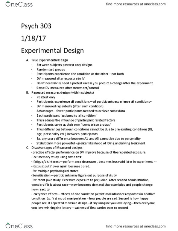 PSY 303 Lecture Notes - Lecture 8: Repeated Measures Design, Demand Characteristics, Psych thumbnail