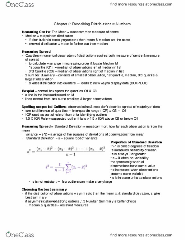 Statistical Sciences 1024A/B Chapter Notes - Chapter 2: Interquartile Range, Quartile, Standard Deviation thumbnail