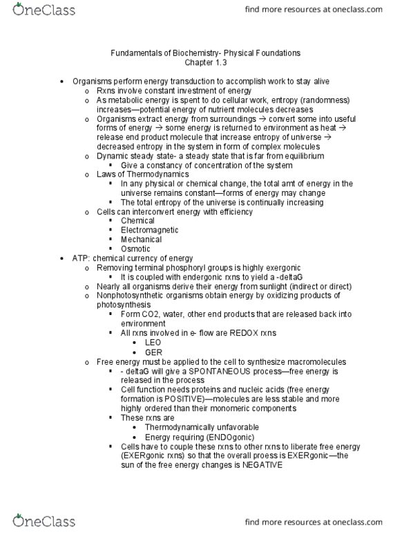 BCH 3025 Lecture Notes - Lecture 3: Endergonic Reaction, Metabolite, Thermodynamics thumbnail