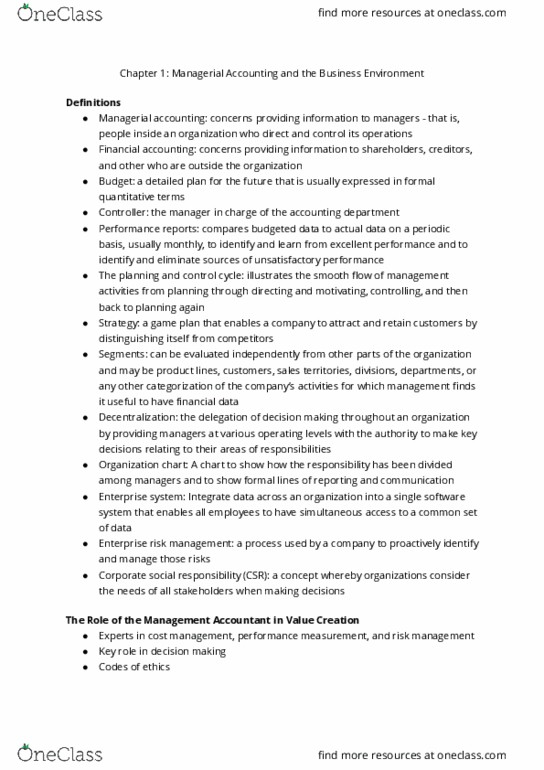 AFM102 Chapter Notes - Chapter 1: Corporate Social Responsibility, Enterprise Risk Management, Balanced Scorecard thumbnail