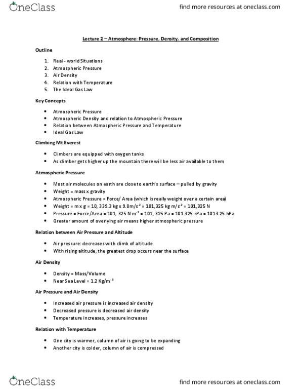 ENVIRSC 1C03 Lecture Notes - Lecture 2: Ideal Gas Law, Density Of Air, Barometer thumbnail