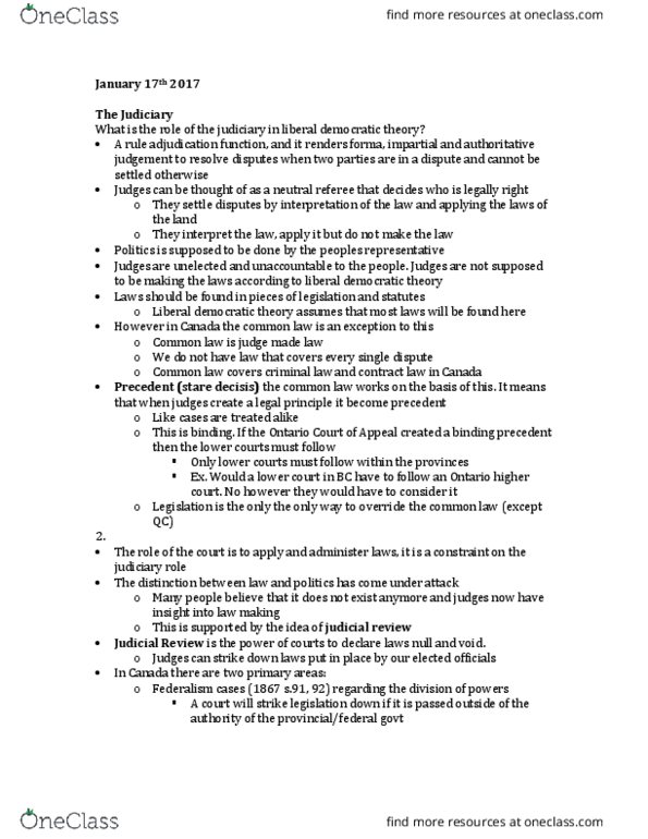 Political Science 2230E Lecture Notes - Lecture 1: Precedent, Financial Independence, Implied Consent thumbnail