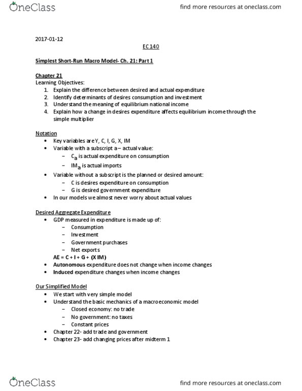 EC140 Lecture Notes - Lecture 4: Disposable And Discretionary Income, Autonomous Consumption, Consumption Function thumbnail