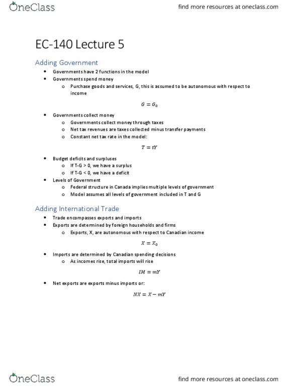 EC140 Lecture Notes - Lecture 5: Consumption Function, Canadian Dollar, Expenditure Function thumbnail