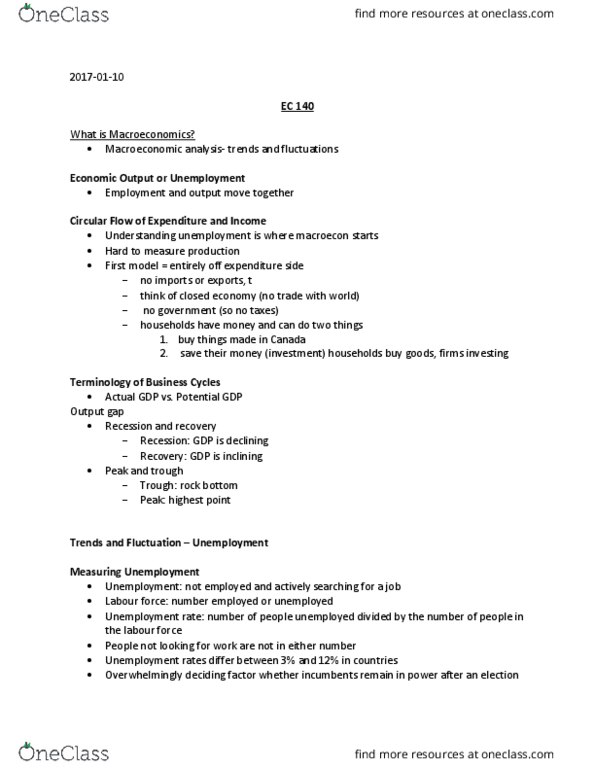 EC140 Lecture Notes - Lecture 3: Unemployment, Potential Output, Output Gap thumbnail