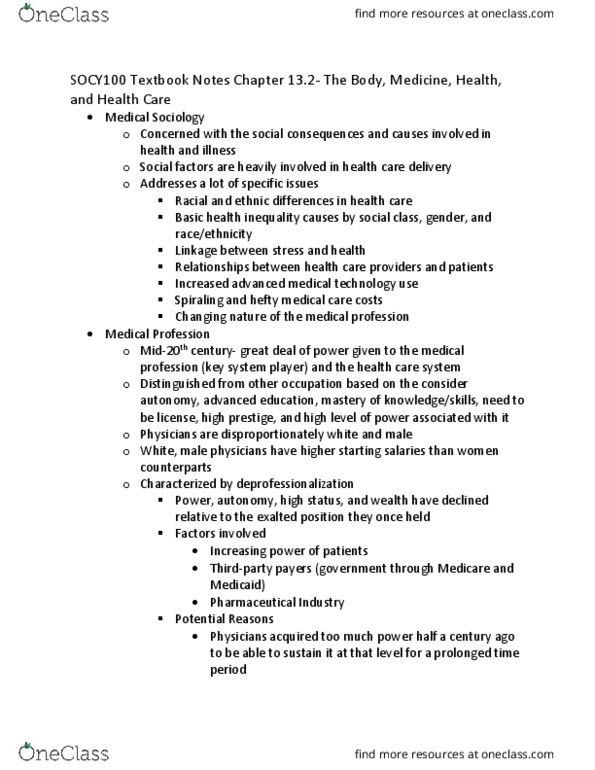 SOCY 100 Chapter Notes - Chapter 13.2: Health Equity, Profit Motive, Medicalization thumbnail