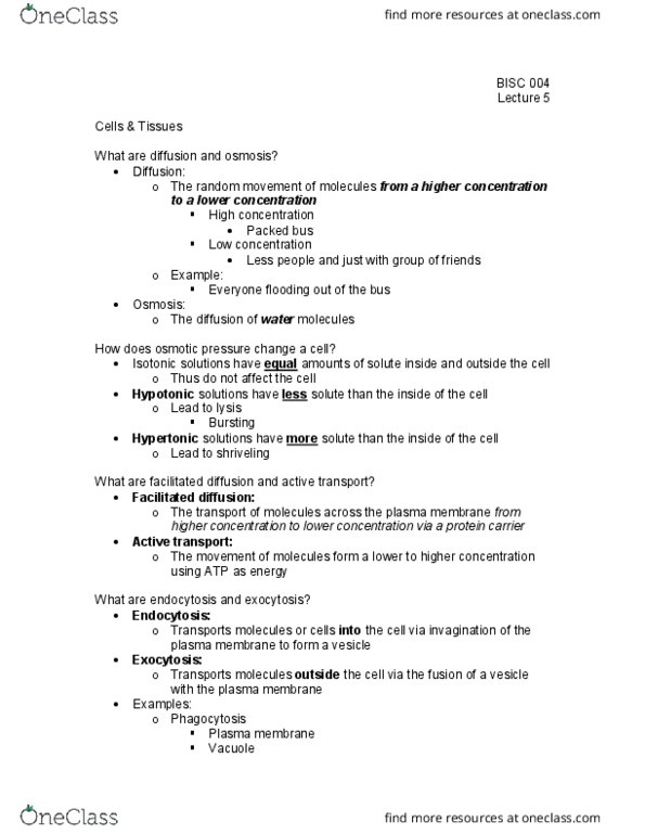 BI SC 004 Lecture Notes - Lecture 5: Facilitated Diffusion, Cell Membrane, Osmosis thumbnail