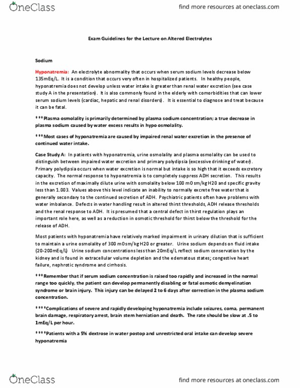 NURS 2050 Lecture Notes - Lecture 18: Central Pontine Myelinolysis, Plasma Osmolality, Saline (Medicine) thumbnail