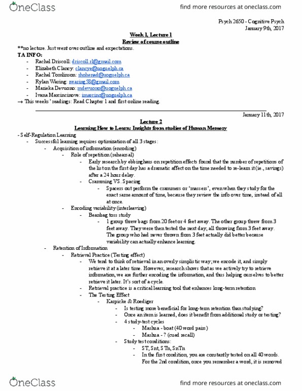 PSYC 2650 Lecture Notes - Lecture 1: Robert A. Bjork, Tropaeolum Tuberosum, Information Retrieval thumbnail