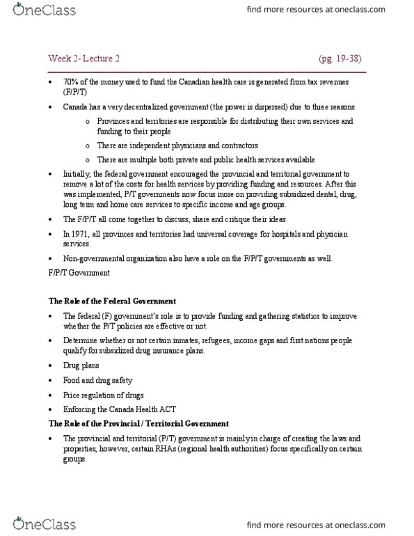 HLTH245 Lecture Notes - Lecture 2: Canada Health Transfer, Canada Health Act, Non-Governmental Organization thumbnail