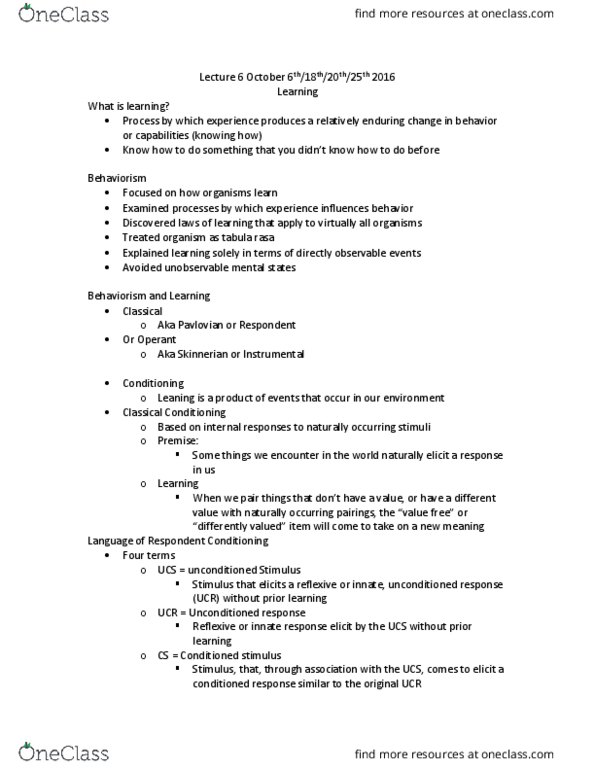 PS101 Lecture Notes - Lecture 6: Tabula Rasa, Classical Conditioning, Systematic Desensitization thumbnail