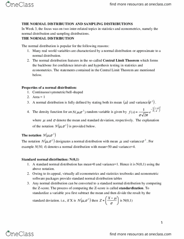 ECON 2P91 Lecture Notes - Lecture 6: Central Limit Theorem, Normal Distribution, Phi thumbnail