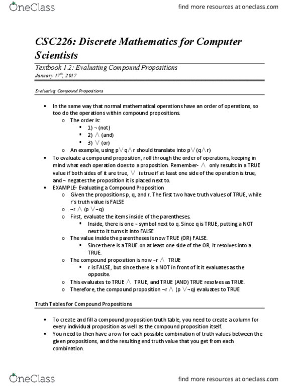 CSC 226 Chapter 1.2: CSC226 Zybooks 1.2 Notes (Evaluating Compound Propositions) thumbnail