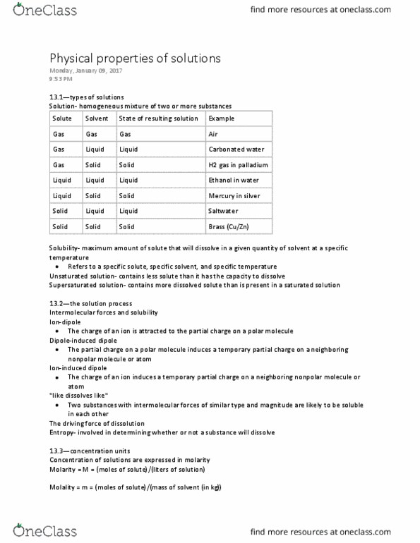 CHM 11200 Chapter Notes - Chapter 13: Boiling-Point Elevation, Colligative Properties, Molality thumbnail