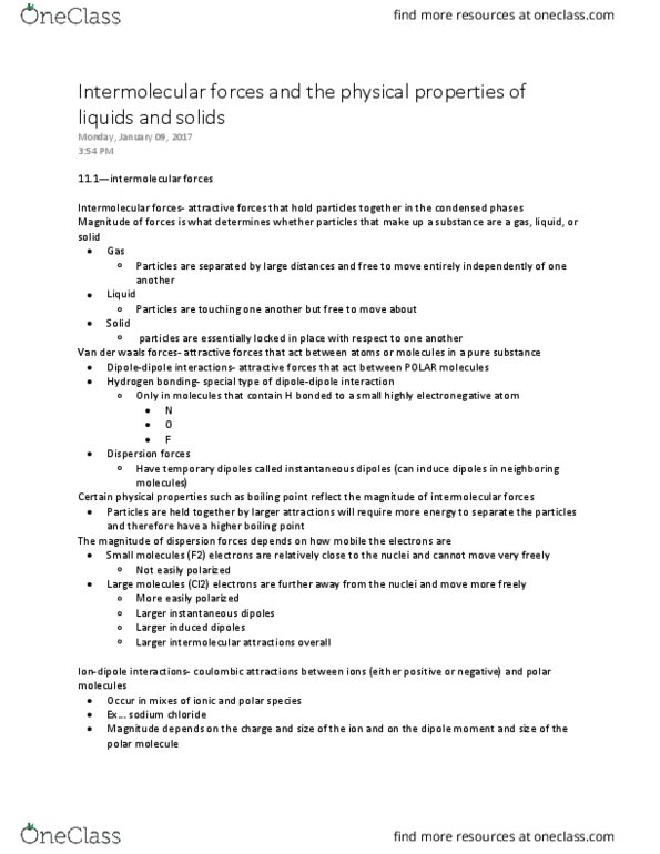 CHM 11200 Chapter Notes - Chapter 11: Dipole, Intermolecular Force, Chemical Polarity thumbnail