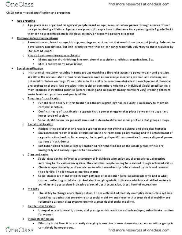 ANTH 1150 Chapter Notes - Chapter 10: Social Stratification, Conflict Theories, Social Class thumbnail