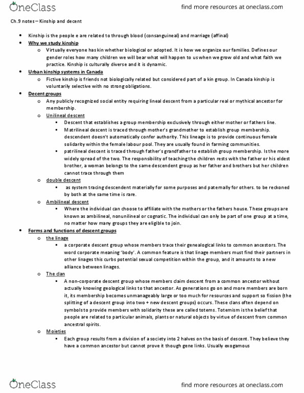 ANTH 1150 Chapter Notes - Chapter 9: Fictive Kinship, Ambilineality, Kinship thumbnail