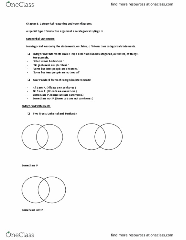 PHI 1101 Lecture Notes - Lecture 5: Venn Diagram, Syllogism, Deductive Reasoning thumbnail