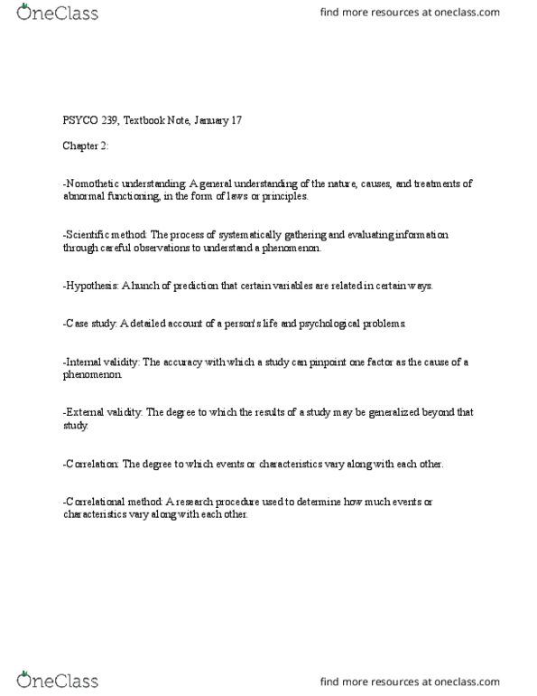 PSYCO239 Chapter Notes - Chapter 2: External Validity, Nomothetic, Internal Validity thumbnail