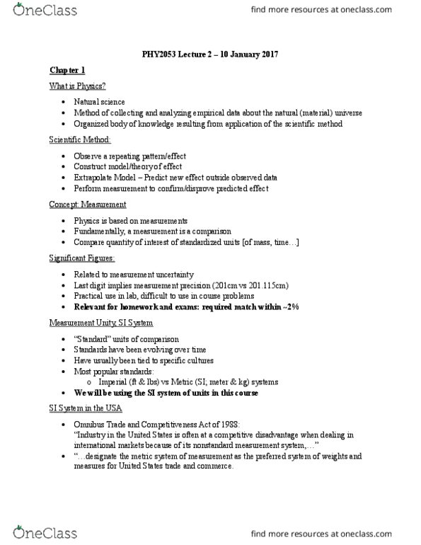 PHY 2053 Lecture Notes - Lecture 2: Measurement Uncertainty, Significant Figures, Scientific Method thumbnail