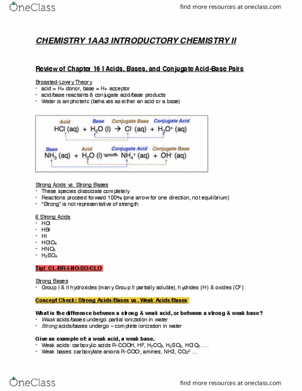 CHEM 1AA3 Lecture Notes - Lecture 1: Weak Base, Acid Strength, Conjugate Acid thumbnail